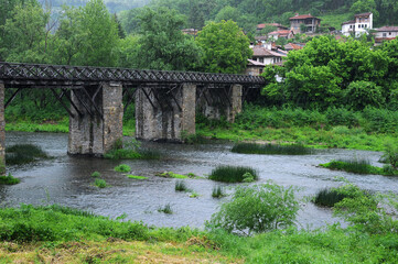 Fototapeta na wymiar View of Vladishki wooden bridge in spring