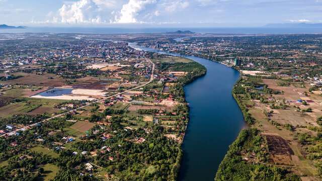 Beautiful countryside of Cambodia in Kampot province shot by drone photography. 