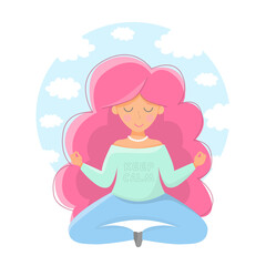 Pink hair girl, sitting in lotus position, meditating, on blue cloudy sky background, isolated on white background. Conception of mental health or yoga