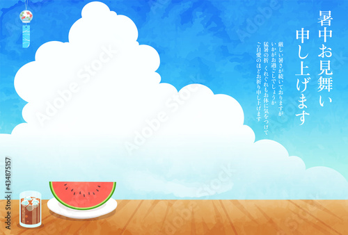 入道雲と風鈴とスイカと青空の爽やかな水彩の暑中見舞いのベクターイラスト背景 残暑見舞い Background Canvas Print Backgrou Honyojima