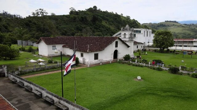 Beautiful cinematic aerial view of the Colonial Church of Orosi in Cartago