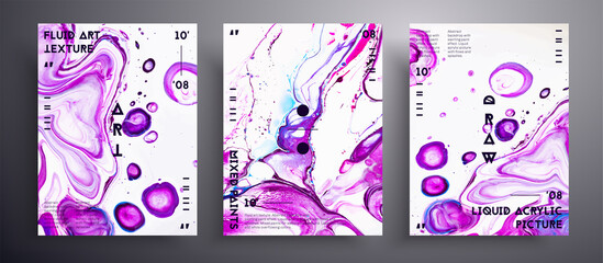 Abstract vector poster, texture set of fluid art covers. Artistic background that can be used for design cover, invitation, presentation and etc. Purple, blue and white creative iridescent artwork.