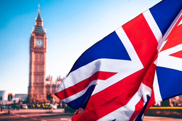 Fototapeta na wymiar British union jack flag over icons of London
