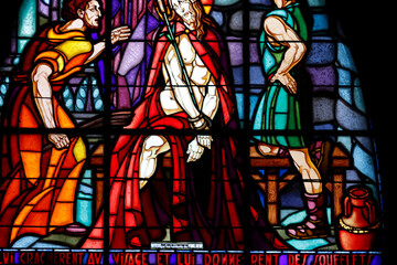 Saint Etienne ( Saint Stephen ) church. Stained glass window.  The flagellation of Christ. Annecy. France.