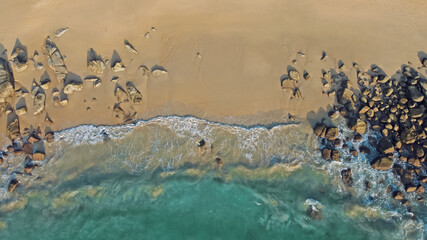 Aerial view from drone on tropical coastline with turquoise sea. Travel destinations. Summer vacations. Thailand