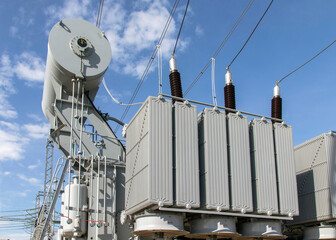 High voltage transformer at a power plant. High voltage, power plant.