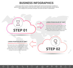 Infographic clouds with arrows. Vector line business concept of 2 steps, icons. Template with two ways for diagram, web, banner, presentations, flowchart, content, levels, chart