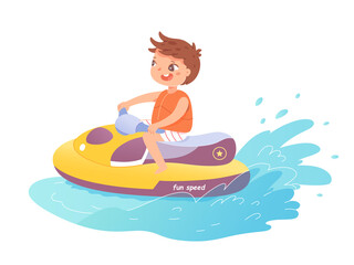 Boy driving boat on water on summer vacations. Little child having fun on transport vehicle vector illustration. Kid spending holidays traveling to seaside on white background.