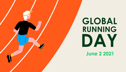 Global running day. A man in a sports uniform jogs through the stadium. Sport training. Vector illustration design with lettering for poster, banner, greeting card. Eps 10.