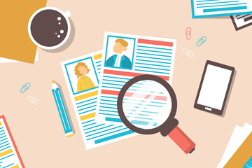 Recruitment banner. CV on the desk, searching for a perfect candidate. We are hiring concept illustration. Top view on the office desk of HR manager.