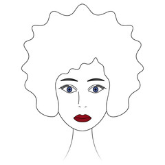 Lady's face. African American woman. Sketch. Head of a girl with blue eyes. Vector illustration. Lush Afro hairstyle. Full lips, painted with red lipstick. Outline on an isolated white background. 