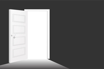 White opened door with frame and handle on dark background. Doorway in modern office or home vector illustration. Room or apartment entrance mockup. Realistic interior design element background
