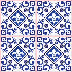 Azulejo tiles seamless vector pattern - Lisbon decorative style, old scratched ornamental design inspired by art from Portugal with fluer de lis and swirls - obrazy, fototapety, plakaty