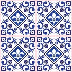 Tapeten Azulejo tiles seamless vector pattern - Lisbon decorative style, old scratched ornamental design inspired by art from Portugal with fluer de lis and swirls © redkoala