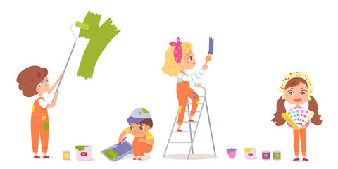 Kids painting wall set. Little children doing creative art with paints, brushes, roller, ladder, cans vector illustration. Group of happy girls and boy drawing on white background