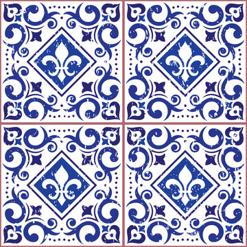 Azulejo tiles seamless vector pattern - Lisbon decorative style, old scratched ornamental design inspired by art from Portugal with fluer de lis and swirls