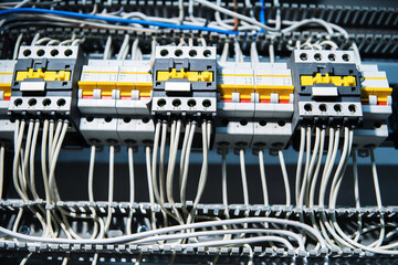 Electrical switchboard. Equipment for the power supply of an apartment building. Close-up