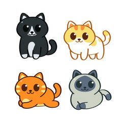 Fototapeta premium Cute cats in doodle line art style sit stand and lay down on the white background.