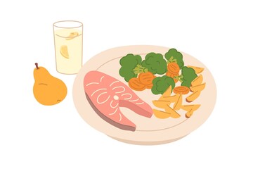 Salmon steak and steamed vegetables served on plate. Healthy food and drink for lunch, dinner or supper. Tasty balanced meal. Flat vector illustration of fish and veggie isolated on white background