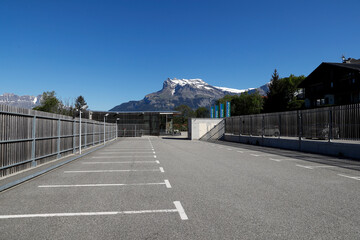 Coronavirus epidemic (COVID-19). Lockdown.  Empty parking.  Saint-Gervais.