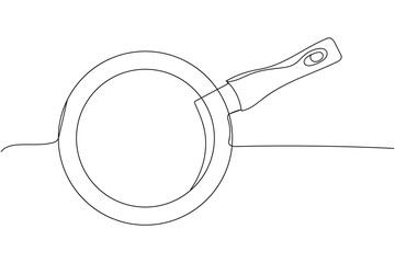 Continuous one line of fry pan skillet clipping path in silhouette. Linear stylized. Minimalist.