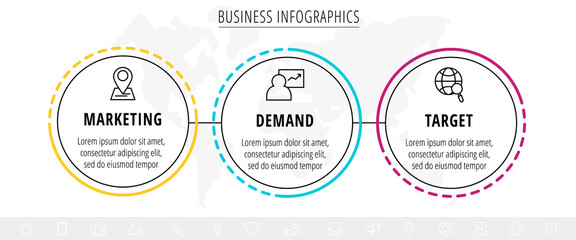 Vector infographics three circles with arrows. Line business concept of 3 steps, options. Infographic template for diagram, web, banner, presentations, flowchart, content, levels, chart