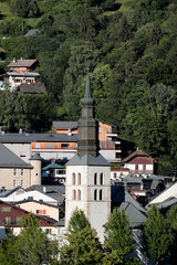 French Alps in summer. Saint Gervais les Bains village.  The church. France.