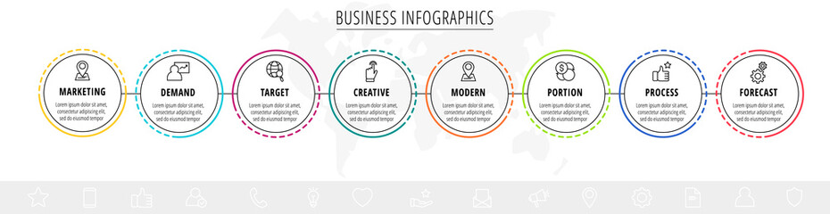 Vector infographics eight circles with arrows. Line business concept of 8 steps, options. Infographic template for diagram, web, banner, presentations, flowchart, content, levels, chart