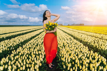 Beautiful Woman in summer dres standing in colorful tulip flower fields in Amsterdam region,...