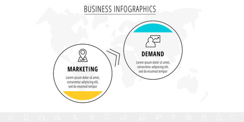 Vector infographics two circles with arrows. Line business concept of 2 steps, options. Infographic template for diagram, web, banner, presentations, flowchart, content, levels, chart