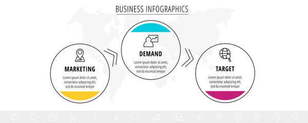 Vector infographics three circles with arrows. Line business concept of 3 steps, options. Infographic template for diagram, web, banner, presentations, flowchart, content, levels, chart