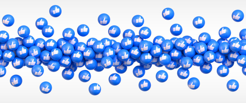 Get More Likes. Many flying blue balls with social media icons thumb up. Vector illustration