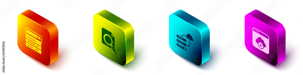 Poster set isometric search engine, concept with folder, network cloud connection and failed access storage