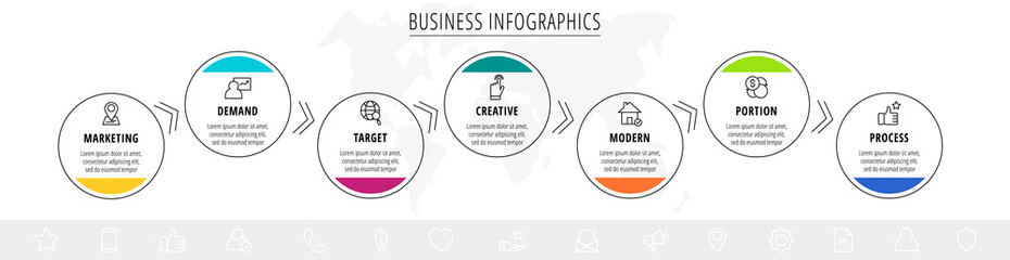 Vector infographics seven circles with arrows. Line business concept of 7 steps, options. Infographic template for diagram, web, banner, presentations, flowchart, content, levels, chart