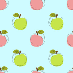 Seamless pattern with apple on blue background. Continuous one line drawing apple. Black line art on blue  background with colorful spots. Vegan concept