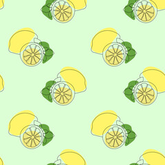 Seamless pattern with lemon on green background. Continuous one line drawing lemon. Black line art on green  background with colorful spots. Vegan concept