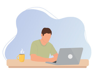 Man is working  at the desktop with a laptop. Freelance, online education, web surfing or office worker. Vector illustration in cartoon style