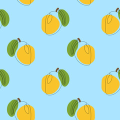 Seamless pattern with mango on blue background. Continuous one line drawing mango. Black line art on blue background with colorful spots. Vegan concept