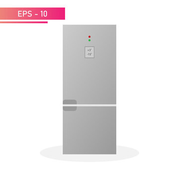 Modern gray refrigerator with display, display and two cameras. Realistic design. On a white background. Household appliances for the home. Flat vector illustration.