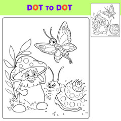 Numbers game, education dot to dot game for children. Vector illustration of Cartoon  mushroom with eyes and hands, snail, butterfly. Coloring book.