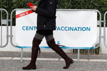 A sign at the entrance of a COVID-19 vaccination center.  Cannes. France.