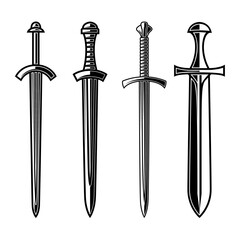 Set of illustrations of medieval swords. Design element for logo, label, sign, emblem, banner. Vector illustration