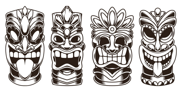 Set of tiki statues isolated on white background. Design element for logo, label, sign, emblem. Vector illustration