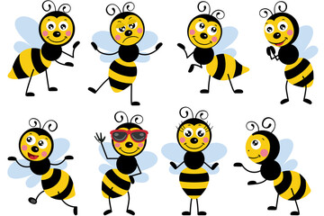 Set of funny bee in different positions and expressions