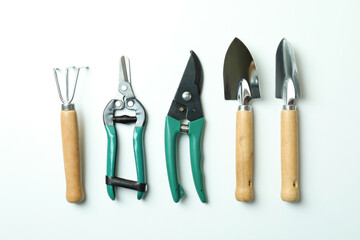 Gardening tools on white background, top view