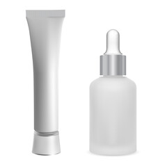 Cosmetic serum bottle with dropper. Ointment tube silver container 3d mockup. Essential oil vial, glass flask. eye drop jar, aroma essence liquid pot. Medical treatment