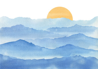 Watercolor light blue mountain landscape. Calm Sunrise and sunset in mountains. Hand drawn illustration.