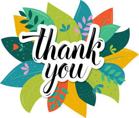 Obraz premium thank you vector lettering on tropical leaves background isolated