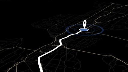 3d rendering of GPS navigator pin on black color map.