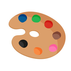 Cartoon drawing art palette with paint for drawing and mixing colors. Vector illustration on a white background